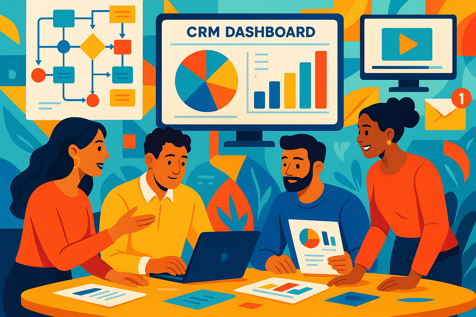 Marketing team collaborating using CRM dashboards to strategise campaigns with visual cues of data analytics workflow diagrams and digital marketing assets vibrant modern style Marketing team collaborating using CRM dashboards to strategise campaigns with visual cues of data analytics workflow diagrams and digital marketing assets vibrant modern style